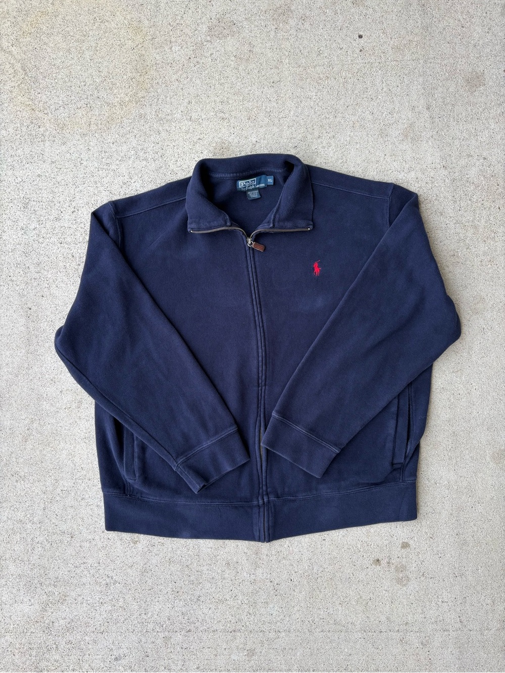 Vintage 90s Polo Ralph Lauren Full Zip Sweatshirt Navy Red Pony XL 27.5x27 Boxy